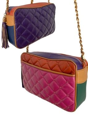 Vintage Quilted Color Block Multi-Color Leather Studded Tassel Crossbody Bag